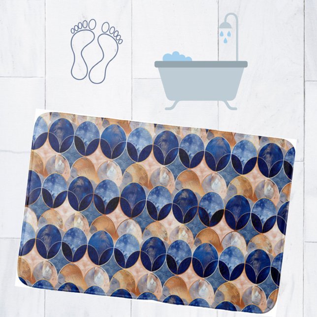 Elegant Blue + Rose Gold Luxury Geometric Pattern Bath Mat (Add glam luxury to your bathroom with this blue + rose gold oval pattern bathmat.)