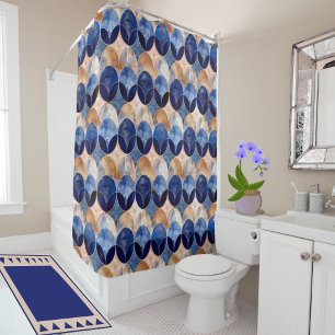 Elegant Blue + Rose Gold Luxury Geometric Pattern Shower Curtain