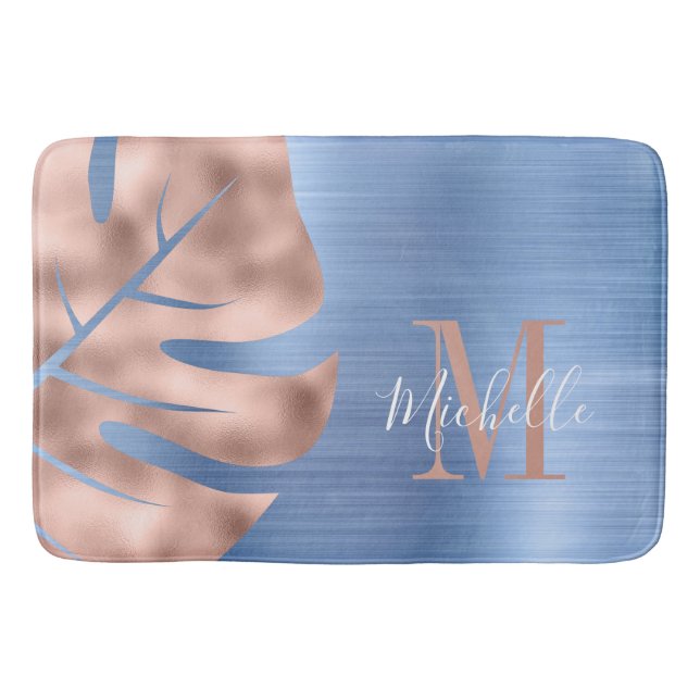 Elegant Blue Rose Gold Palm Leaf Monogram Bath Mat (Front)