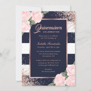 Elegant Blue Rose Gold Pink Floral Quinceañera Invitation