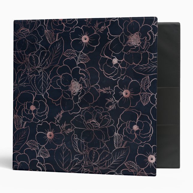 Elegant Blue Rose Gold Roses Floral 3 Ring Binder (Front/Inside)