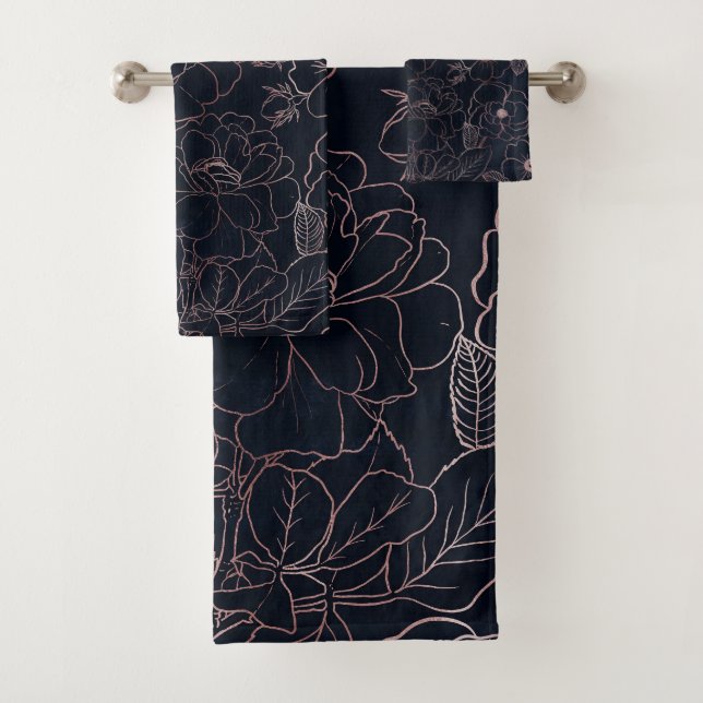 Elegant Blue Rose Gold Roses Floral Bath Towel Set (Insitu)