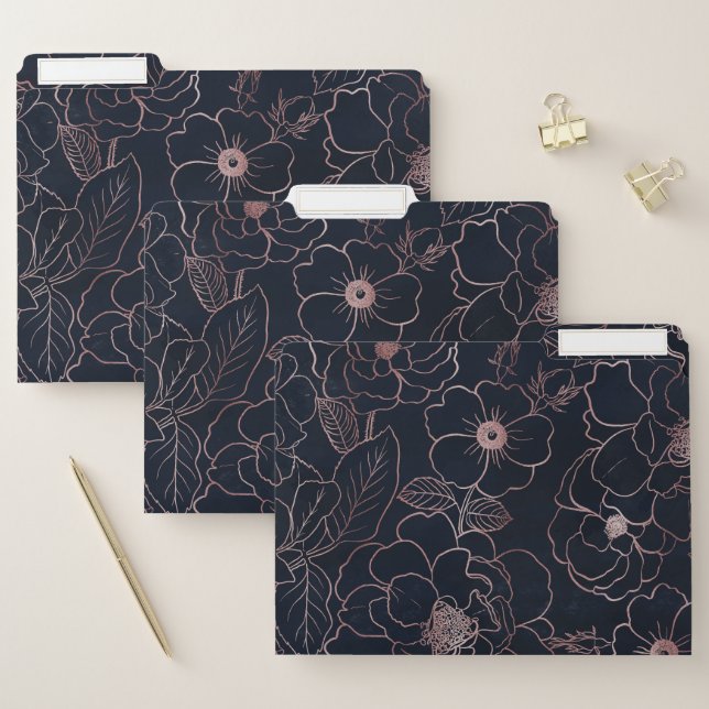 Elegant Blue Rose Gold Roses Floral File Folder (Set)