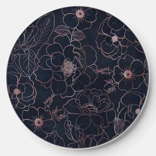 Elegant Blue Rose Gold Roses Floral Wireless Charger