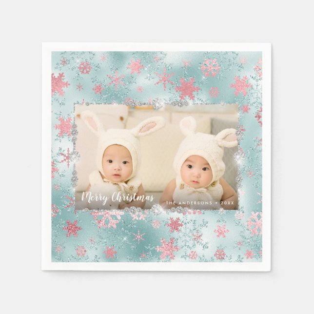 Elegant blue rose gold snowflakes custom photo napkins (Front)