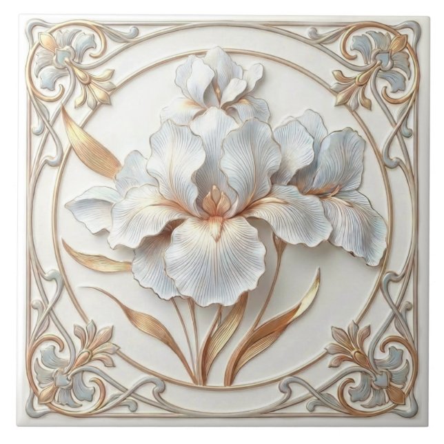 Elegant Blue Rose Gold Stylized Lilies Ceramic Tile (Front)