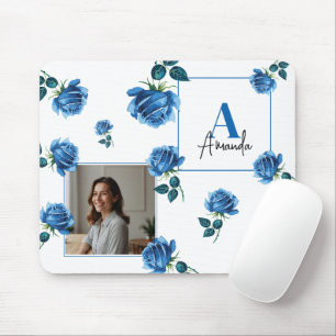 Elegant Blue Rose Monogram Custom Mom Mouse Pad