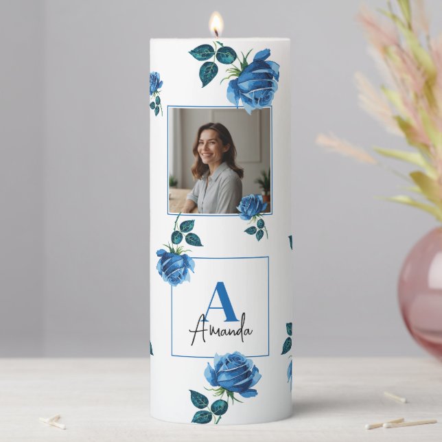 Elegant Blue Rose Monogram Custom Mom Pillar Candle (In Situ)
