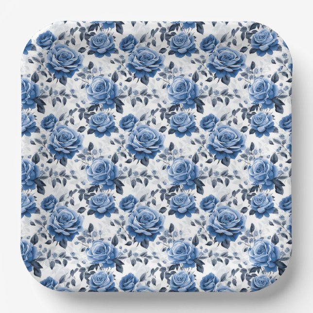 Elegant blue rose pattern paper plates (Front)