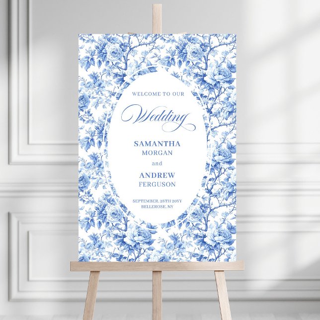 Elegant Blue Rose Pattern Toile Wedding Welcome  Foam Board (Elegant Blue Rose Pattern Toile Wedding Welcome Sign)