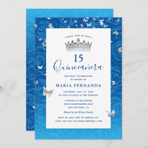 Elegant Blue Rose Silver Crown Floral Quinceanera Invitation
