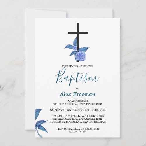 Elegant Blue Rose Watercolor Floral Baptism Invitation