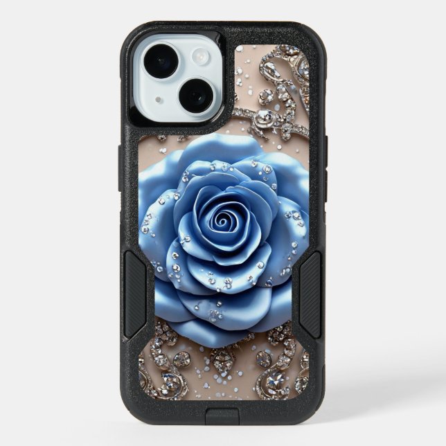 Elegant Blue Rose with Glittering Diamonds iPhone 15 Case (Back)