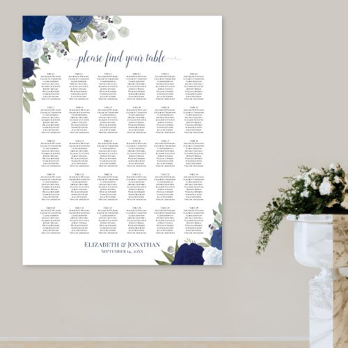 Elegant Blue Roses 30 Table Wedding Seating Chart