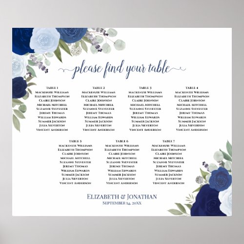 Elegant Blue Roses 7 Table Wedding Seating Chart