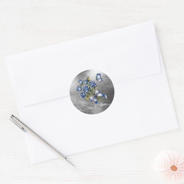 Elegant Blue Roses and Butterfly Silver Wedding Classic Round Sticker (Envelope)