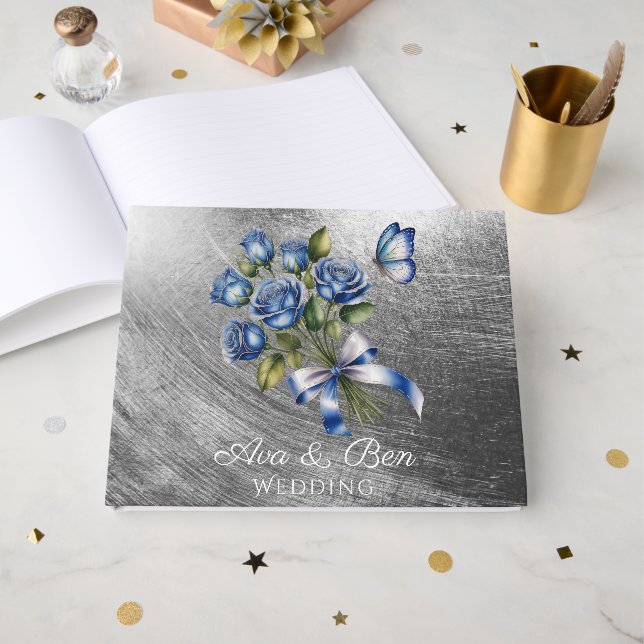 Elegant Blue Roses and Butterfly Silver Wedding Guest Book (Front Open)