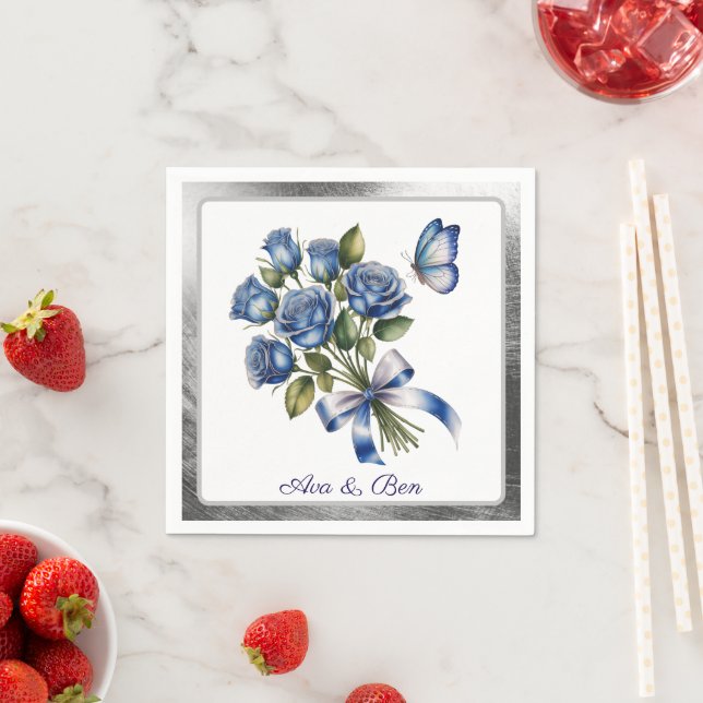 Elegant Blue Roses and Butterfly Silver Wedding Napkins (Insitu)