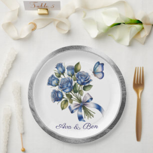 Elegant Blue Roses and Butterfly Silver Wedding Paper Plates