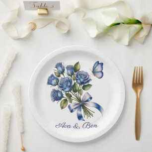 Elegant Blue Roses and Butterfly Silver Wedding Paper Plates