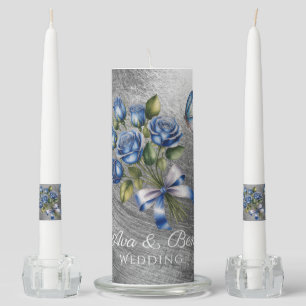 Elegant Blue Roses and Butterfly Silver Wedding Unity Candle Set