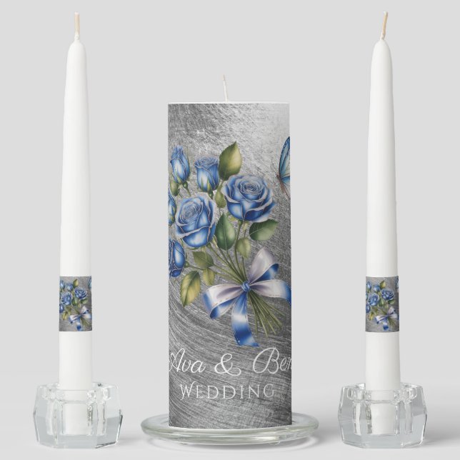 Elegant Blue Roses and Butterfly Silver Wedding Unity Candle Set (Front)