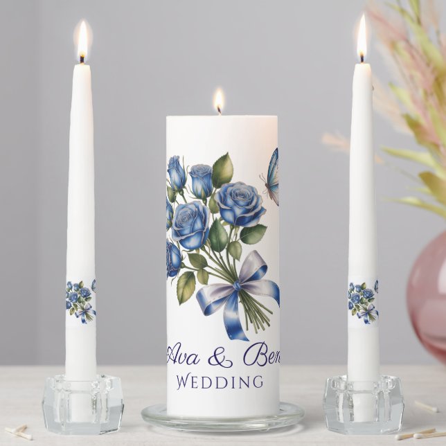 Elegant Blue Roses and Butterfly Silver Wedding Unity Candle Set (In Situ)