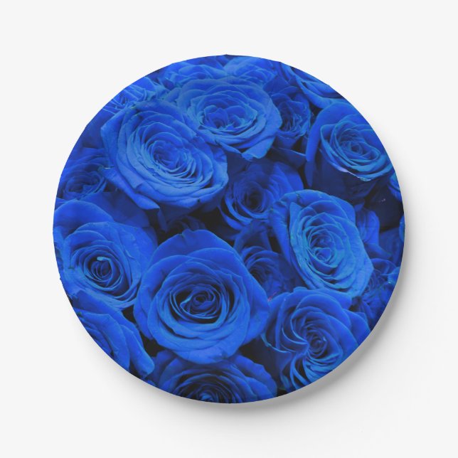 Elegant blue roses blue flowers blue floral paper plates (Front)