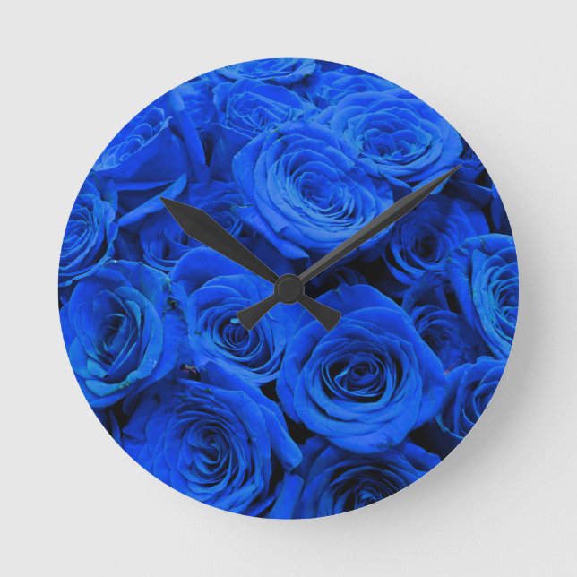 Elegant blue roses blue flowers blue floral round clock (Front)