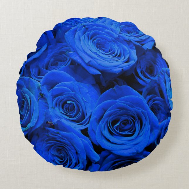 Elegant blue roses blue flowers blue floral round pillow (Front)