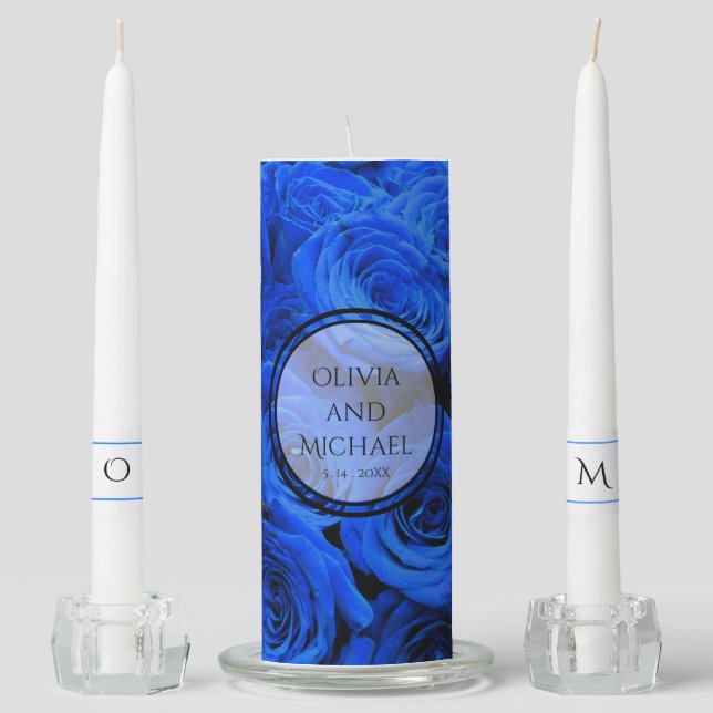 Elegant blue roses blue flowers blue floral unity candle set (Front)