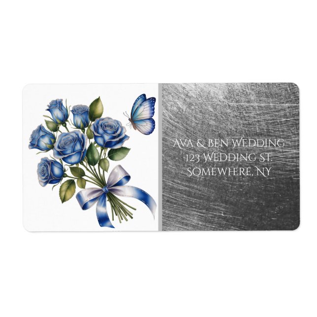 Elegant Blue Roses & Butterfly Silver Wedding Label (Front)