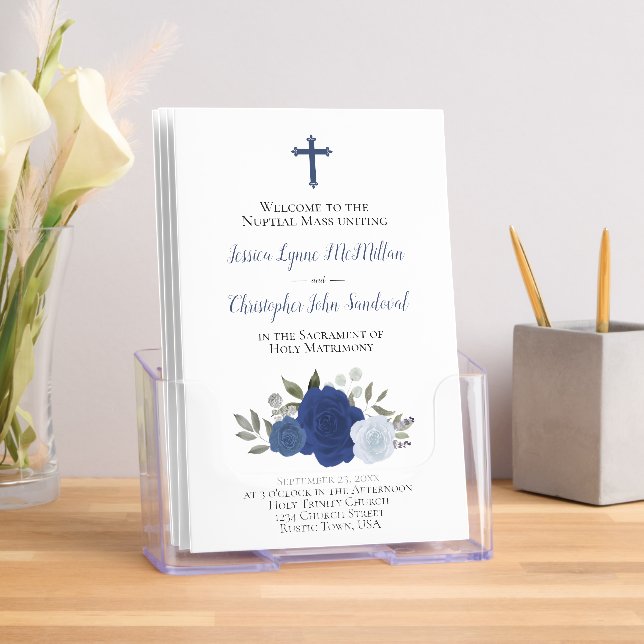 Elegant Blue Roses Catholic Wedding Program Brochure (Insitu)