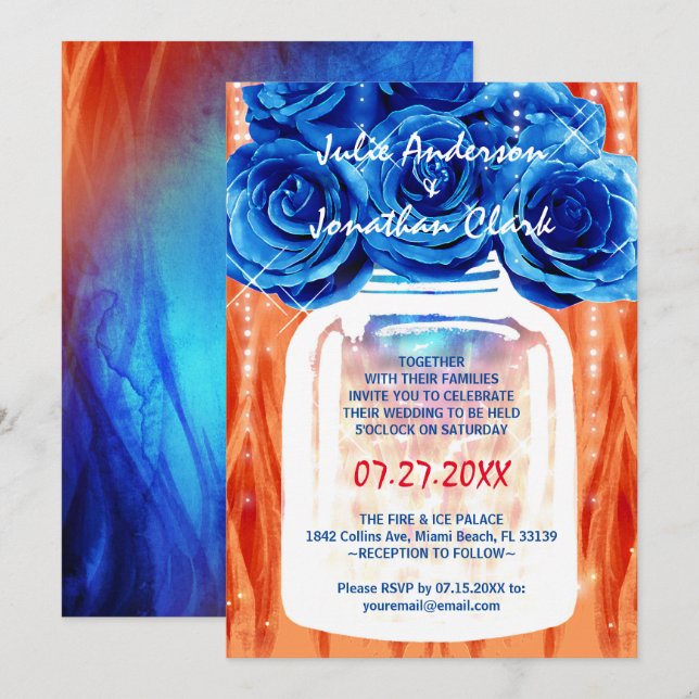 Elegant Blue Roses Fire and Ice Watercolor Wedding Invitation (Front/Back)