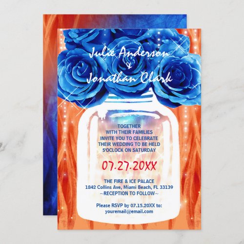 Elegant Blue Roses Fire and Ice Watercolor Wedding Invitation