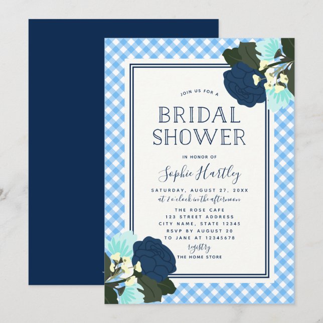 Elegant Blue Roses Floral Bridal Shower Invitation (Front/Back)