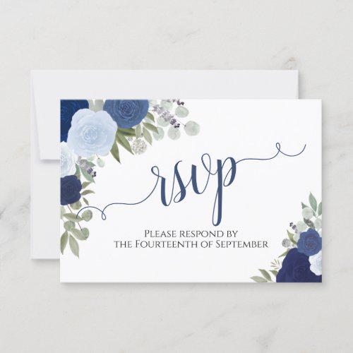 Elegant Blue Roses Floral Calligraphy Wedding RSVP