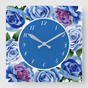 Elegant Blue Roses Floral Decorative Square Wall Clock
