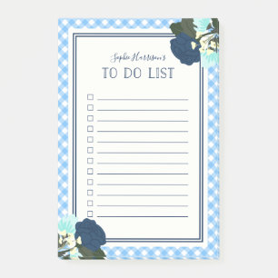 Elegant Blue Roses Floral Gingham To Do List Post-it Notes