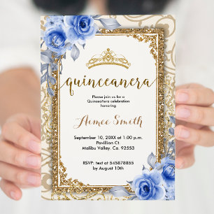 Elegant Blue Roses Floral Gold Mis Quince Invitation