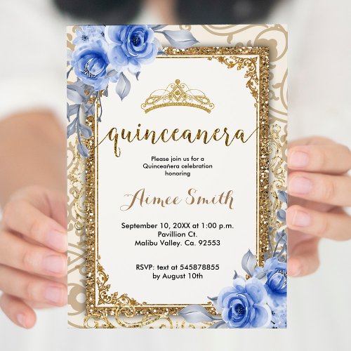 Elegant Blue Roses Floral Gold Mis Quince  Invitation