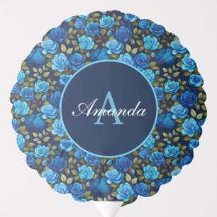 Elegant Blue Roses Floral Pattern Monogramed Photo Balloon