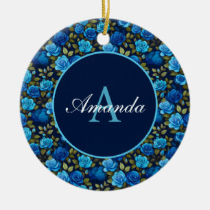 Elegant Blue Roses Floral Pattern Monogramed Photo Ceramic Ornament