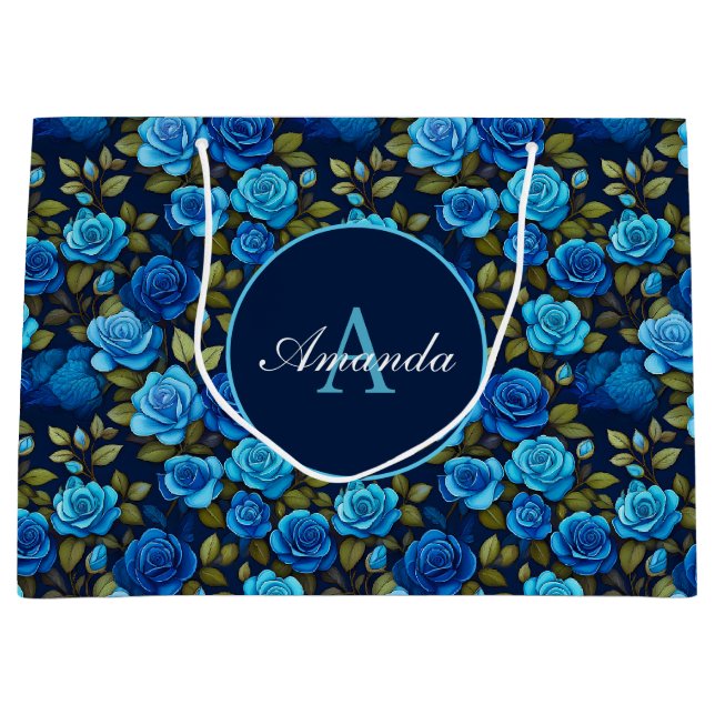 Elegant Blue Roses Floral Pattern Monogramed Photo Large Gift Bag (Front)