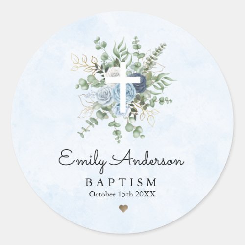 Elegant Blue Roses Greenery Baptism Christening  Classic Round Sticker