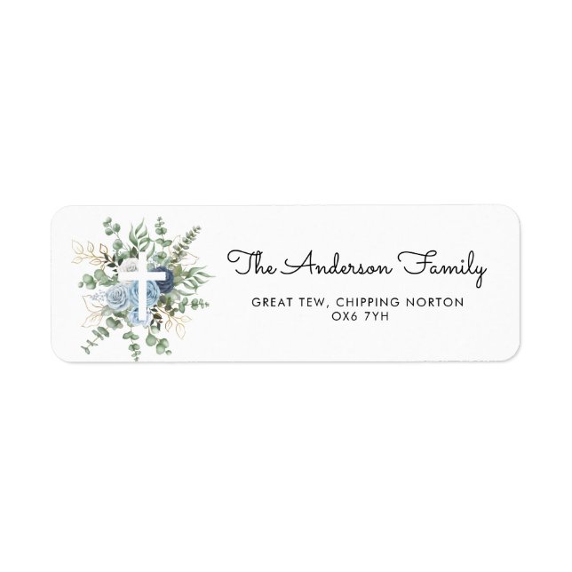 Elegant Blue Roses Greenery Baptism Christening Label (Front)