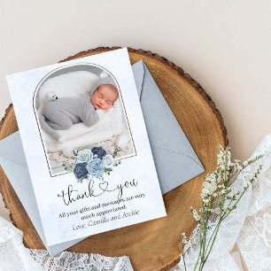 Elegant Blue Roses Greenery Baptism Christening   Thank You Card