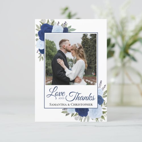 Elegant Blue Roses Love  Thanks Wedding Photo Thank You Card