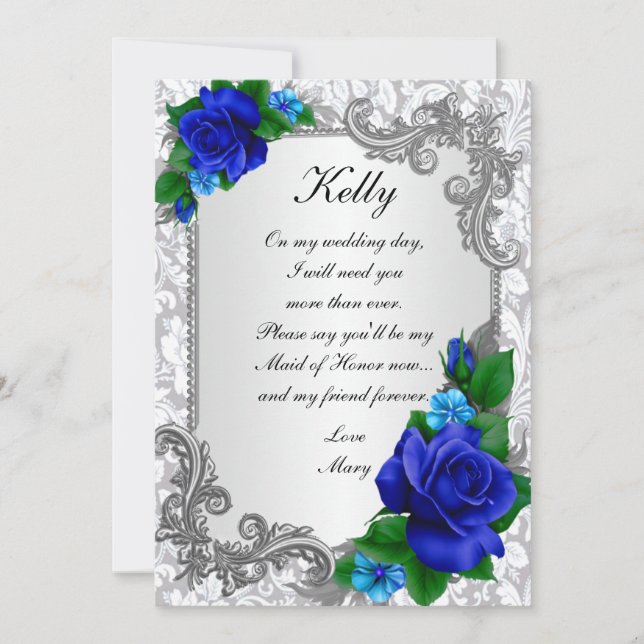 Elegant Blue Roses Maid Of Honor Card (Front)