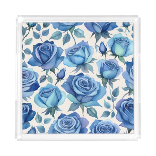 Elegant blue roses pattern acrylic tray